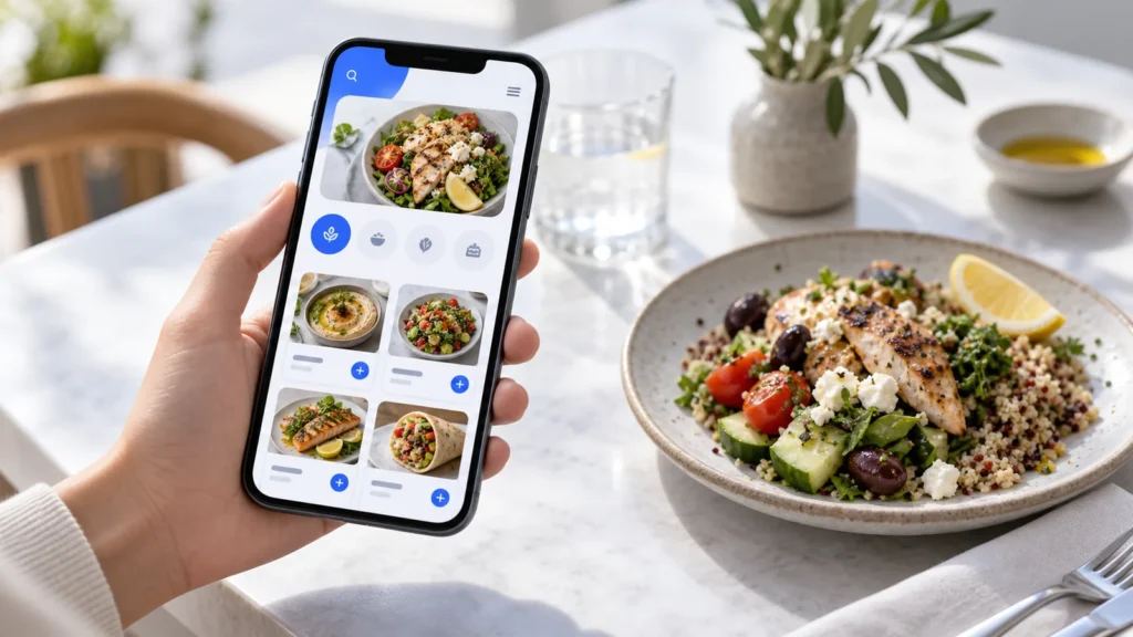 Well designed mobile digital menu beside a restaurant dish