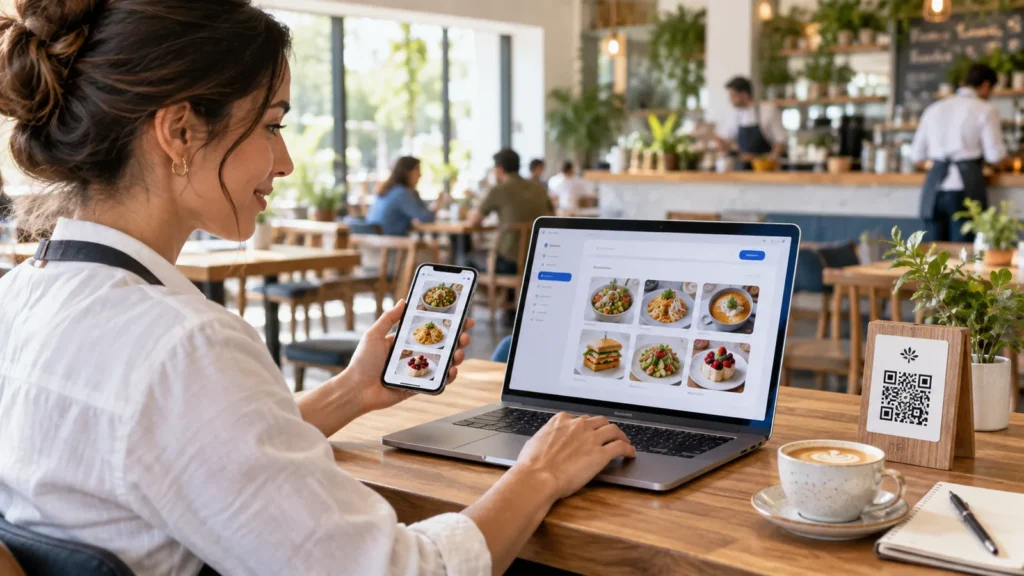 Business owner creating a mobile QR menu on a laptop