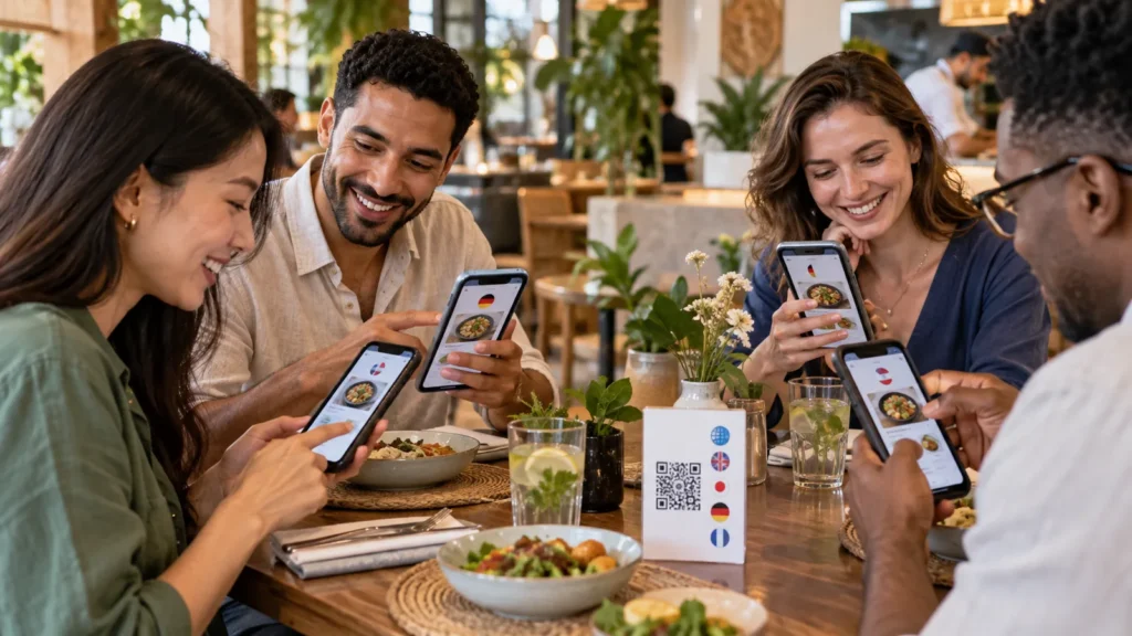 International guests browsing a multilingual digital restaurant menu