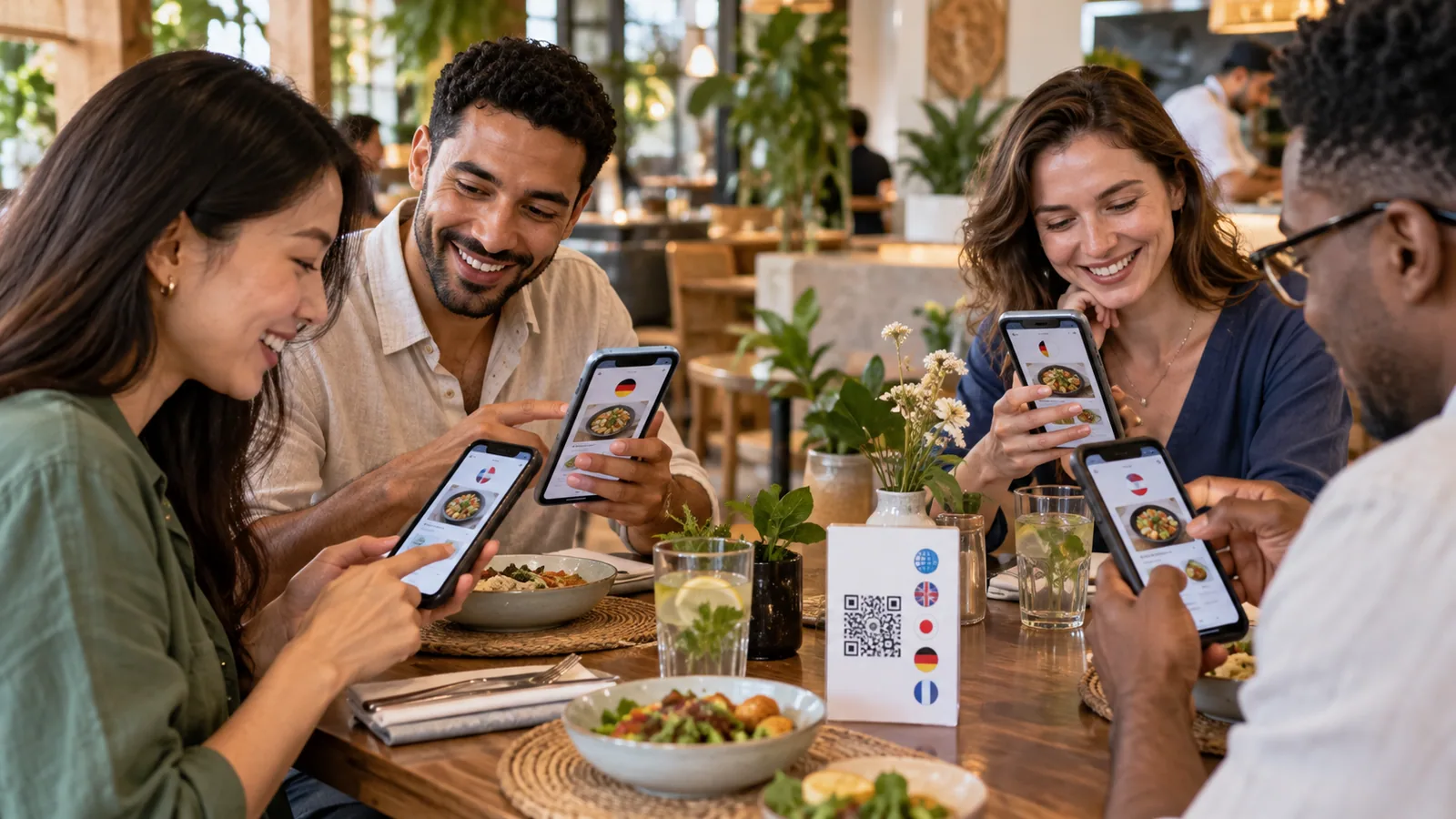 International guests browsing a multilingual digital restaurant menu