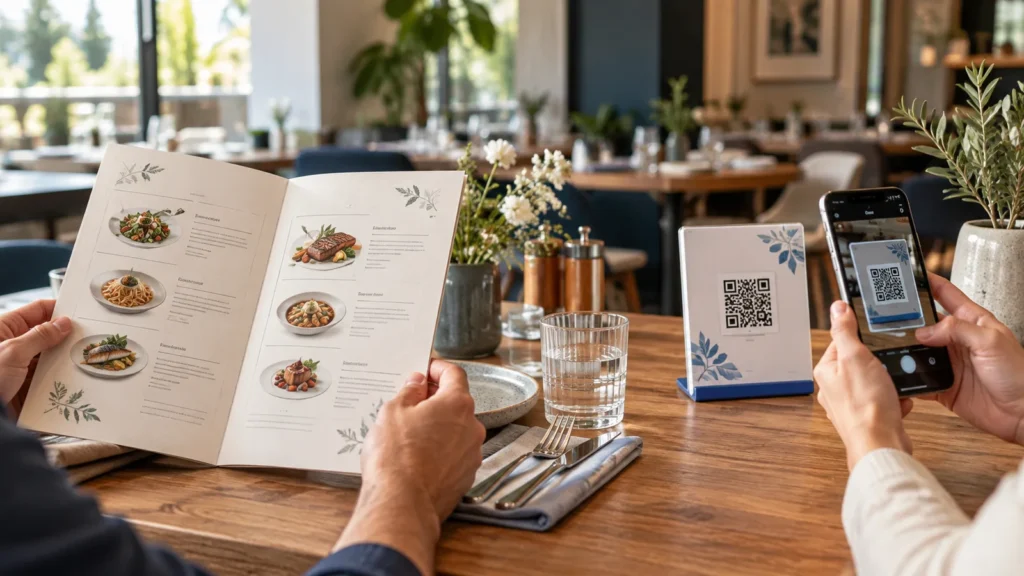 Paper restaurant menu beside a guest scanning a QR menu