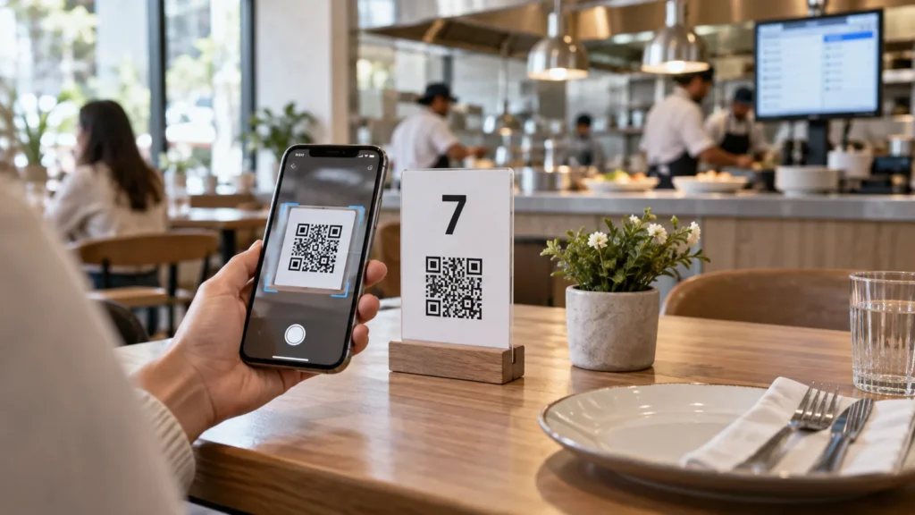 Guest scanning a secure QR code at restaurant table seven