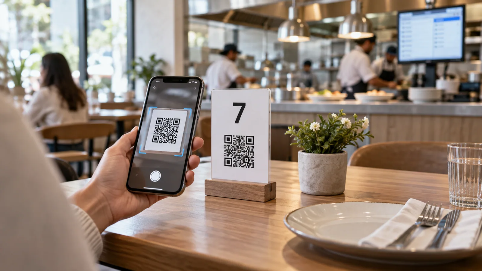 Guest scanning a secure QR code at restaurant table seven