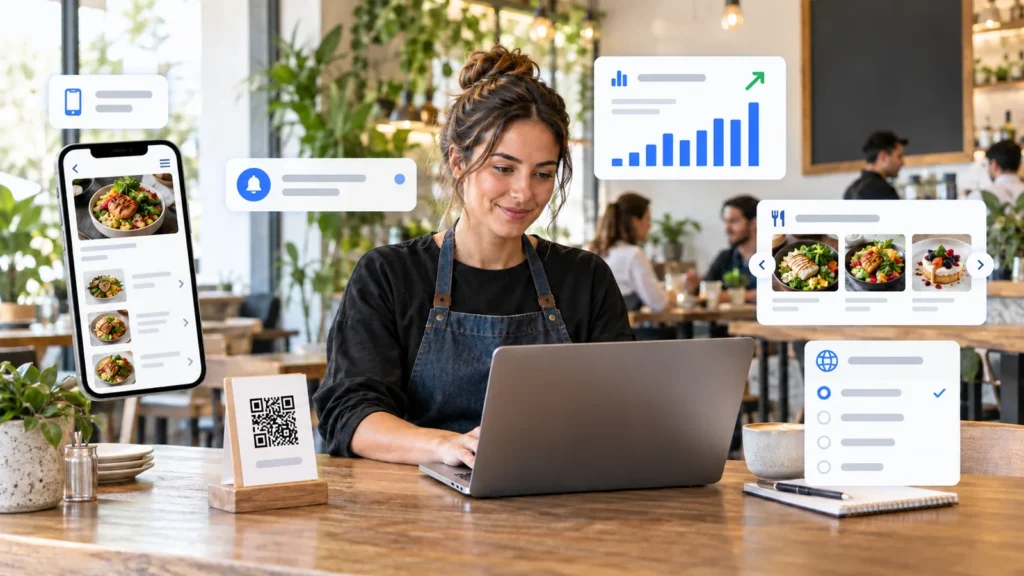 Business owner managing digital menu features and analytics