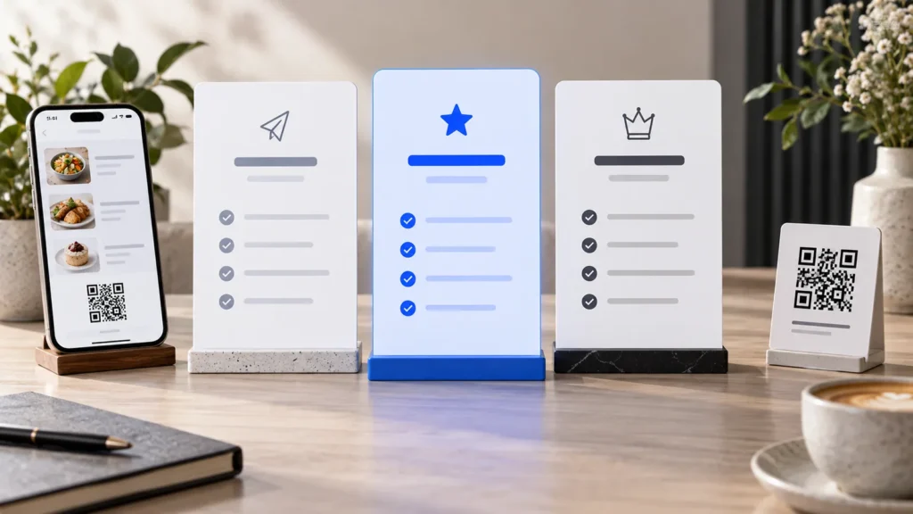 Three TableTag subscription plan cards beside a QR menu