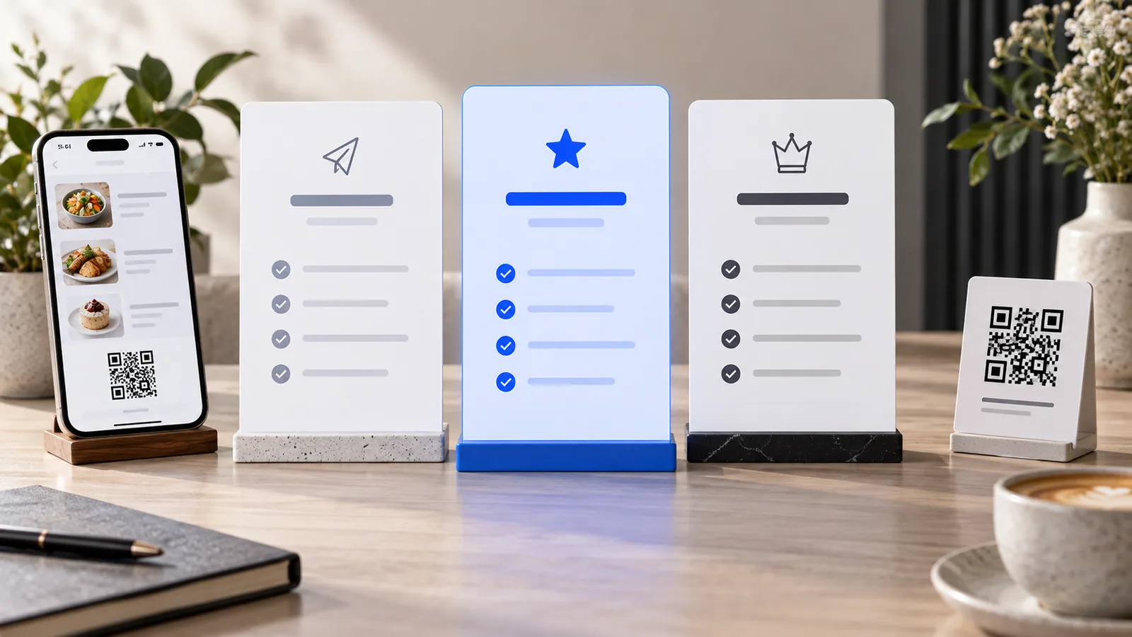 Three TableTag subscription plan cards beside a QR menu