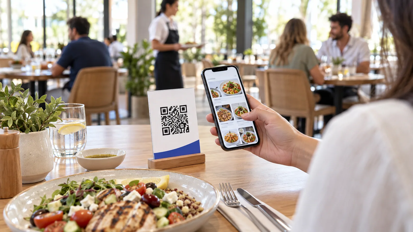 Well designed mobile digital menu beside a restaurant dish